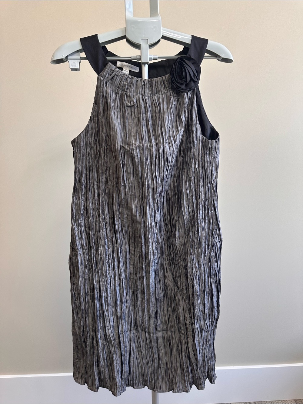 London Times Black Crinkle Midi Dress with Rosette Strap
